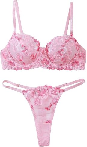 WDIRARA Women's 2 Piece Floral Lace Embroidery Mesh Sheer Bra and Thongs Lingerie Set in Saudi Arabia