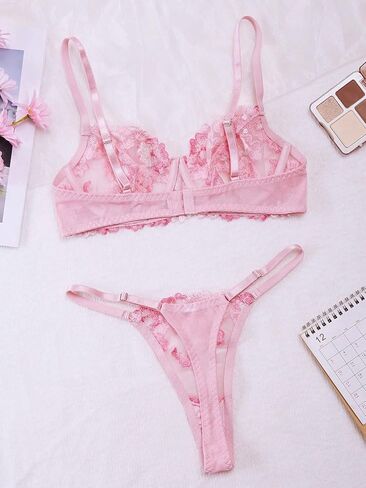 WDIRARA Women's 2 Piece Floral Lace Embroidery Mesh Sheer Bra and Thongs Lingerie Set in Saudi Arabia