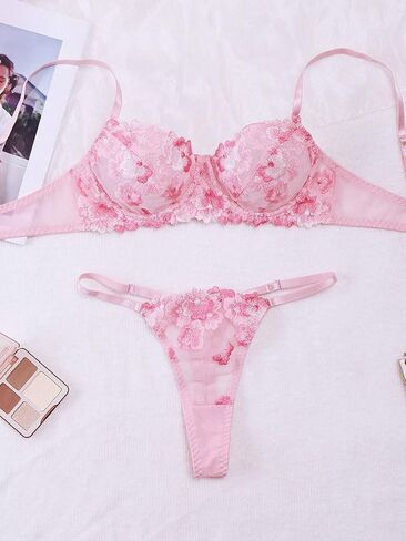 WDIRARA Women's 2 Piece Floral Lace Embroidery Mesh Sheer Bra and Thongs Lingerie Set in Saudi Arabia