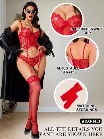 Aranmei Sexy Women Lace Lingerie Sets with Garter Belt Stockings Babydoll Teddy Bodysuit Underwire with Panty 3 Peice in Saudi Arabia
