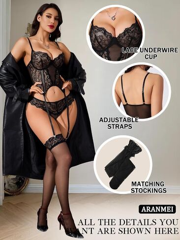 Aranmei Sexy Women Lace Lingerie Sets with Garter Belt Stockings Babydoll Teddy Bodysuit Underwire with Panty 3 Peice in Saudi Arabia