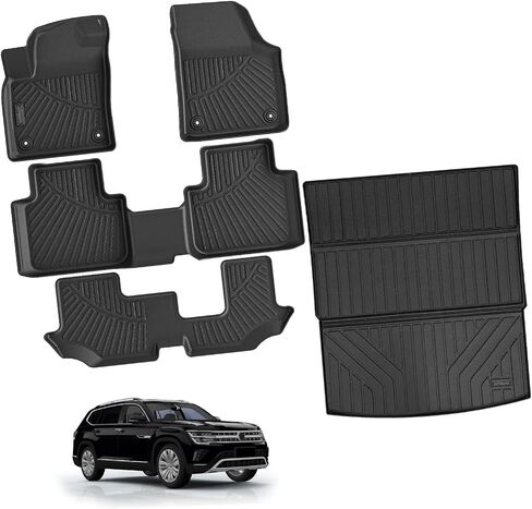 Floor Mats & Cargo Liners Compatible for 2018-2025 Volkswagen Atlas 6 seat, 3 Rows Floor Liners and Trunk Mat TPE-Black (Atlas 6 seat) in Saudi Arabia