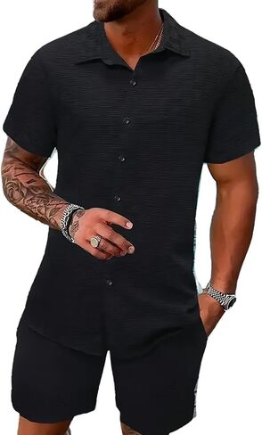 DEEX Men's Summer Beach Outfits 2 Piece Short Sleeve Shirts and Shorts Texture Vacation Sets for Men 2025 in Saudi Arabia