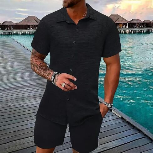 DEEX Men's Summer Beach Outfits 2 Piece Short Sleeve Shirts and Shorts Texture Vacation Sets for Men 2025 in Saudi Arabia