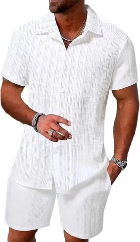 Deex Men Men's Summer Beach Outfits 2 قطعة من قمصان الأكمام القصيرة والملمس القصير مجموعات الإجازة للرجال 2025 in Kuwait