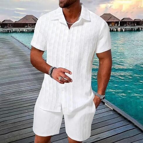 Deex Men Men's Summer Beach Outfits 2 قطعة من قمصان الأكمام القصيرة والملمس القصير مجموعات الإجازة للرجال 2025 in Kuwait