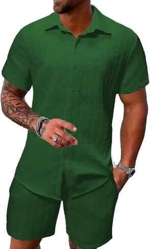 Deex Men Men's Summer Beach Outfits 2 قطعة من قمصان الأكمام القصيرة والملمس القصير مجموعات الإجازة للرجال 2025 in Kuwait
