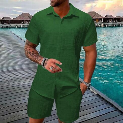 Deex Men Men's Summer Beach Outfits 2 قطعة من قمصان الأكمام القصيرة والملمس القصير مجموعات الإجازة للرجال 2025 in Kuwait