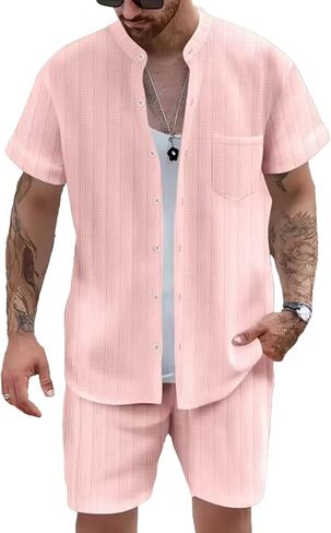 Deex Men Men's Summer Beach Outfits 2 قطعة من قمصان الأكمام القصيرة والملمس القصير مجموعات الإجازة للرجال 2025 in Kuwait