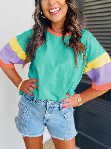 miduo Womens Casual Loose Fit Color Block Stitching Short Sleeve Crew Neck Top T Shirts in Kuwait