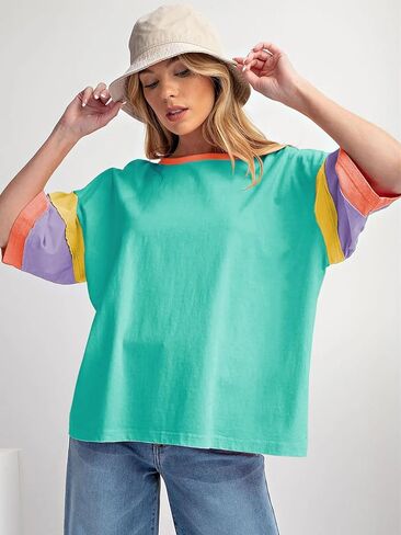 miduo Womens Casual Loose Fit Color Block Stitching Short Sleeve Crew Neck Top T Shirts in Kuwait