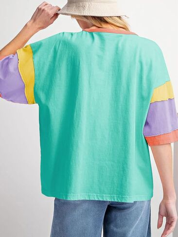 miduo Womens Casual Loose Fit Color Block Stitching Short Sleeve Crew Neck Top T Shirts in Kuwait