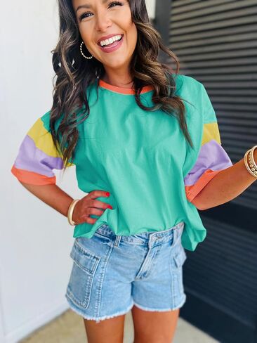 miduo Womens Casual Loose Fit Color Block Stitching Short Sleeve Crew Neck Top T Shirts in Kuwait