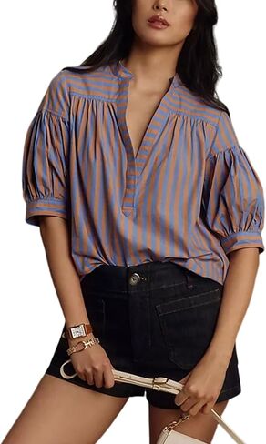 Womens Summer Pleated V Neck T Shirts Short Sleeve Casual Loose Blouses Striped Tunics Swing Top in Kuwait
