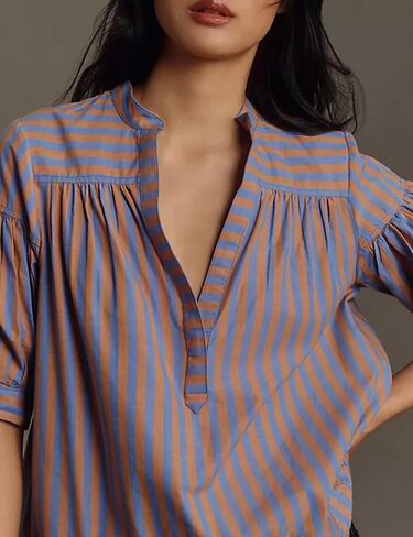 Womens Summer Pleated V Neck T Shirts Short Sleeve Casual Loose Blouses Striped Tunics Swing Top in Kuwait