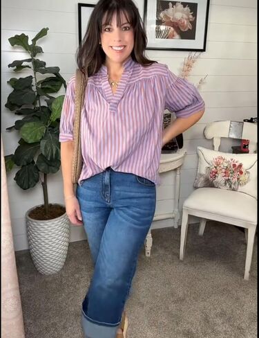 Womens Summer Pleated V Neck T Shirts Short Sleeve Casual Loose Blouses Striped Tunics Swing Top in Kuwait