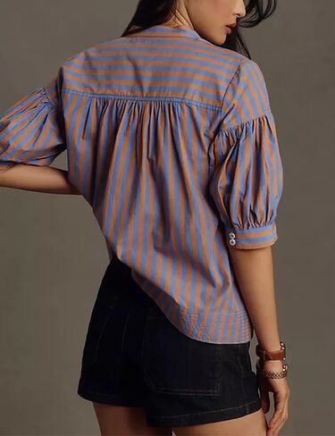 Womens Summer Pleated V Neck T Shirts Short Sleeve Casual Loose Blouses Striped Tunics Swing Top in Kuwait