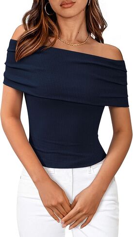 BTFBM Spring Summer Off The Shoulder Tops for Women Trendy 2025 Short Sleeve Shirts Knit Stretchy Slim Fit Going Out Top in Kuwait