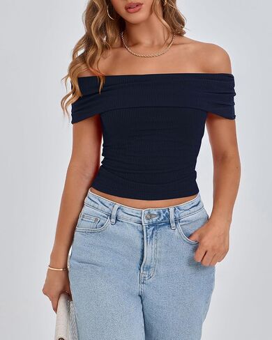 BTFBM Spring Summer Off The Shoulder Tops for Women Trendy 2025 Short Sleeve Shirts Knit Stretchy Slim Fit Going Out Top in Kuwait
