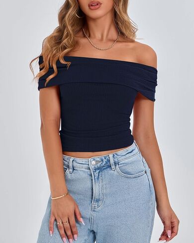 BTFBM Spring Summer Off The Shoulder Tops for Women Trendy 2025 Short Sleeve Shirts Knit Stretchy Slim Fit Going Out Top in Kuwait