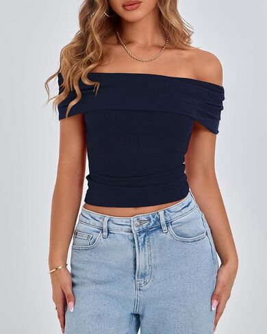 BTFBM Spring Summer Off The Shoulder Tops for Women Trendy 2025 Short Sleeve Shirts Knit Stretchy Slim Fit Going Out Top in Kuwait