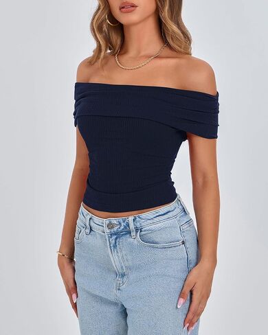 BTFBM Spring Summer Off The Shoulder Tops for Women Trendy 2025 Short Sleeve Shirts Knit Stretchy Slim Fit Going Out Top in Kuwait