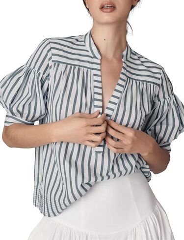 Womens Summer Pleated V Neck T Shirts Short Sleeve Casual Loose Blouses Striped Tunics Swing Top in Kuwait