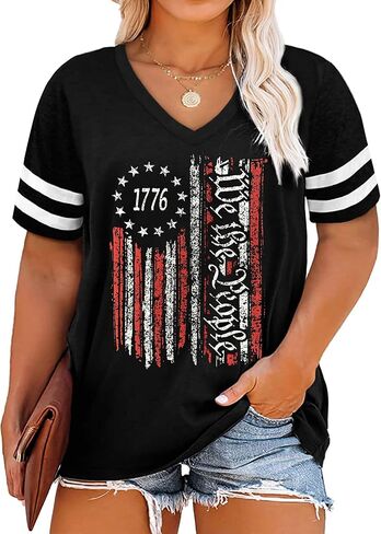 Plus Size Tops American Flag Shirts Womens V Neck Patriotic Tshirt USA Graphic Tee 4th of July T-Shirt in Saudi Arabia