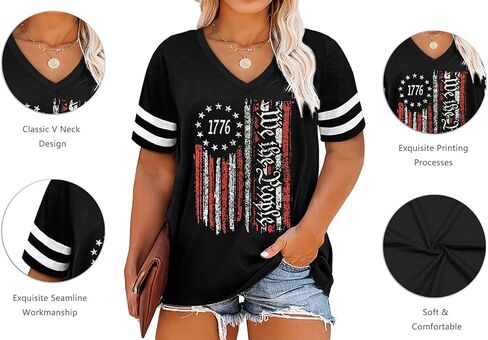 Plus Size Tops American Flag Shirts Womens V Neck Patriotic Tshirt USA Graphic Tee 4th of July T-Shirt in Saudi Arabia
