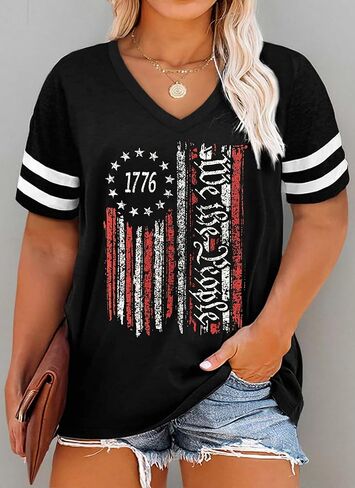 Plus Size Tops American Flag Shirts Womens V Neck Patriotic Tshirt USA Graphic Tee 4th of July T-Shirt in Saudi Arabia