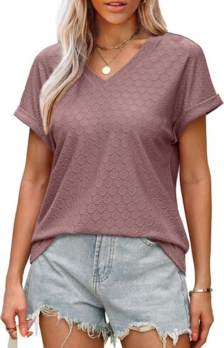 WIHOLL Womens Tops Short Summer Summer v Deck Tirts Dary Dary Lose Lough Tees Tees Cute Flowy Fashion in Saudi Arabia