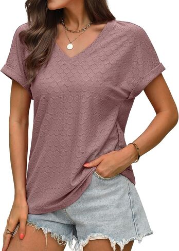 WIHOLL Womens Tops Short Summer Summer v Deck Tirts Dary Dary Lose Lough Tees Tees Cute Flowy Fashion in Saudi Arabia