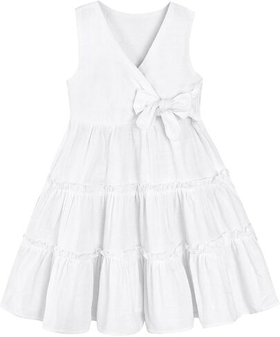 فستان بناتي صغير صيفي بدون أكمام من القطن والكتان فستان بفيونكة للأطفال ملابس غير رسمية in Kuwait