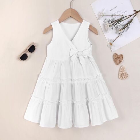 فستان بناتي صغير صيفي بدون أكمام من القطن والكتان فستان بفيونكة للأطفال ملابس غير رسمية in Kuwait