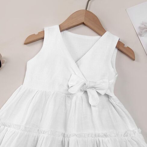 فستان بناتي صغير صيفي بدون أكمام من القطن والكتان فستان بفيونكة للأطفال ملابس غير رسمية in Kuwait