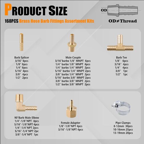156Pcs Hose Barb Fuel Line Fittings Assortment Kit Barb Splice/Coupler/Female Adapter/Tee/Y Shaped Union/90°Male Elbow Thread 1/8" 3/16" 1/4" 5/16" 3/8" 1/2" Air Hose Fitting with Pipe Clamps for Fuel in Saudi Arabia