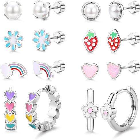 Florideco Hypoallergenic Earrings for Women 316 Surgical Steel Earrings for Sensitive Ears Cute Small Daisy Hoop Earring Heart Flower Strawberry Rainbow Pearl Flat Back Earring Sets in Saudi Arabia