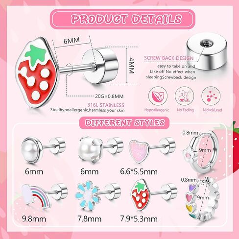 Florideco Hypoallergenic Earrings for Women 316 Surgical Steel Earrings for Sensitive Ears Cute Small Daisy Hoop Earring Heart Flower Strawberry Rainbow Pearl Flat Back Earring Sets in Saudi Arabia