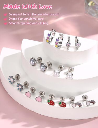 Florideco Hypoallergenic Earrings for Women 316 Surgical Steel Earrings for Sensitive Ears Cute Small Daisy Hoop Earring Heart Flower Strawberry Rainbow Pearl Flat Back Earring Sets in Saudi Arabia