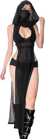 Women High Split Hooded Rave Outfits Goth Devil Cosplay Costume Sheer Transparent Lingerie Dress in Saudi Arabia