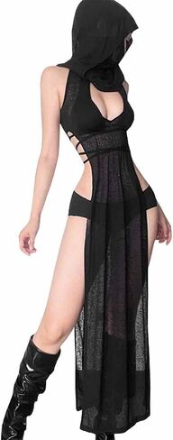 Women High Split Hooded Rave Outfits Goth Devil Cosplay Costume Sheer Transparent Lingerie Dress in Saudi Arabia