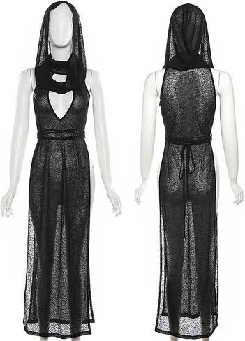 Women High Split Hooded Rave Outfits Goth Devil Cosplay Costume Sheer Transparent Lingerie Dress in Saudi Arabia