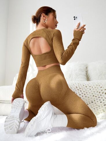 Women's Workout Outfits 2 Pieces Yoga Suits Long Sleeve Crop Top Sport Leggings Active Gym Set in Kuwait