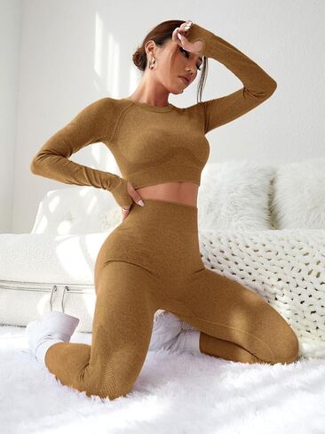 Women's Workout Outfits 2 Pieces Yoga Suits Long Sleeve Crop Top Sport Leggings Active Gym Set in Kuwait