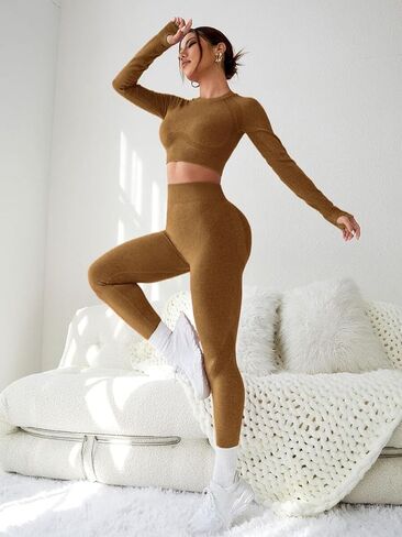 Women's Workout Outfits 2 Pieces Yoga Suits Long Sleeve Crop Top Sport Leggings Active Gym Set in Kuwait