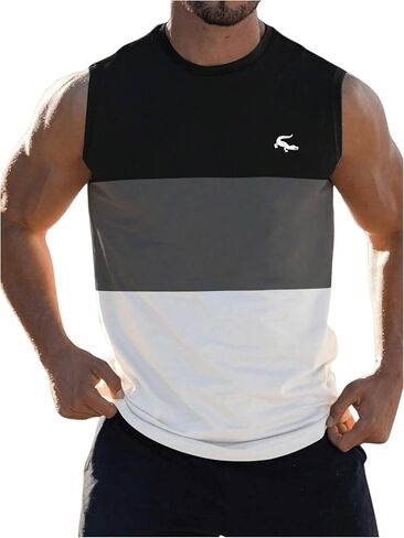 Men's Color Block Gym Workout Tank Top Round Neck Sleeveless Muscle Shirts Cut Off Shirt in Saudi Arabia
