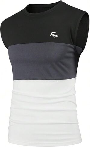 Men's Color Block Gym Workout Tank Top Round Neck Sleeveless Muscle Shirts Cut Off Shirt in Saudi Arabia