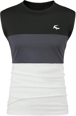 Men's Color Block Gym Workout Tank Top Round Neck Sleeveless Muscle Shirts Cut Off Shirt in Saudi Arabia