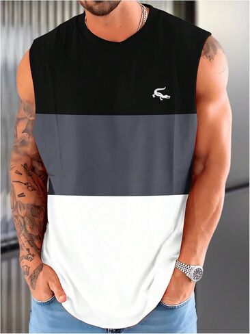 Men's Color Block Gym Workout Tank Top Round Neck Sleeveless Muscle Shirts Cut Off Shirt in Saudi Arabia