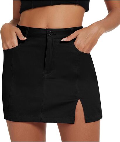 American Trends Women Mini Skirt with Slit High Waist Mini Denim Skirt Causal Bodycon Short Jean Skirts with Pockets in Saudi Arabia